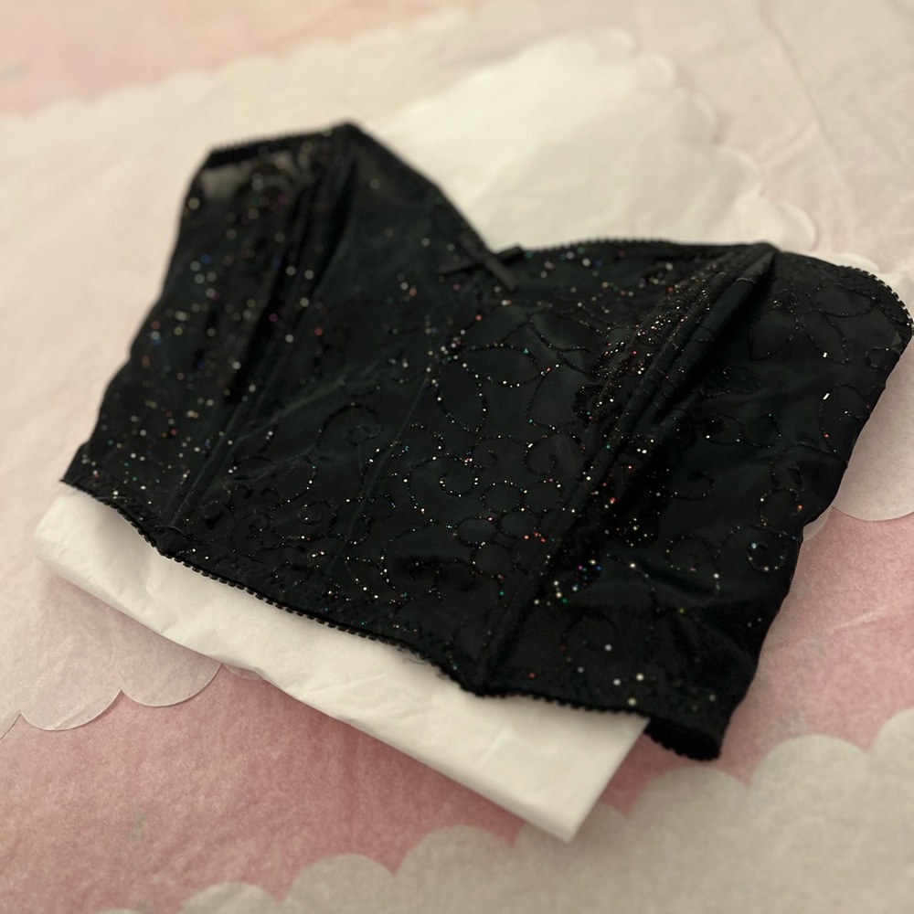 EUC VTG 90s black lace rainbow glitter bustier sz small Spencer 32A